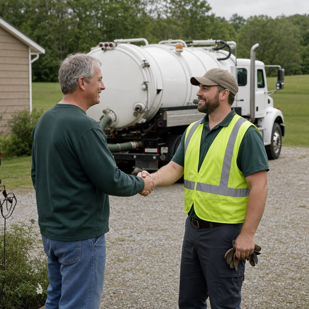A septic technician shaking a Skokie homeowner's hand beside the service truck after a completed pump-out