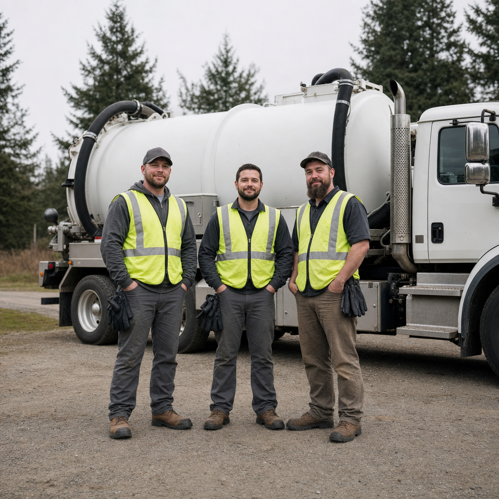 The Skokie septic pumping crew standing together beside their clean white vacuum truck on a residential street