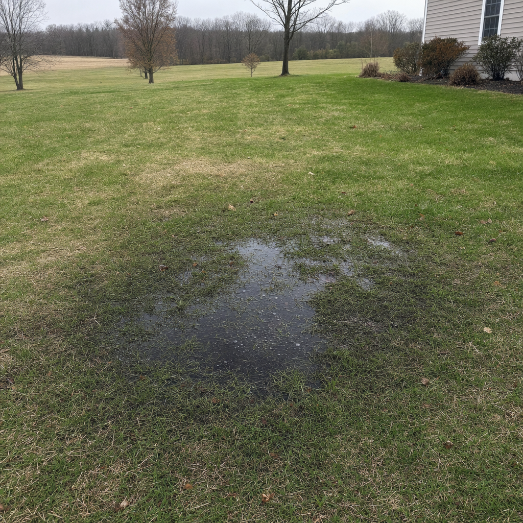 A dark, saturated wet spot in a Skokie backyard lawn marking a failing cesspool at capacity