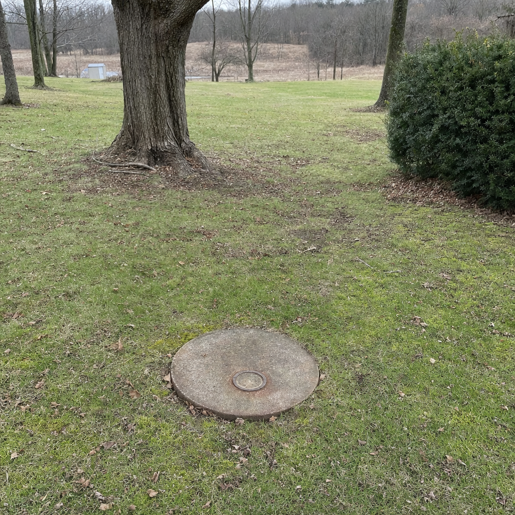An older round cesspool access lid set flush in an established, mature Skokie backyard lawn