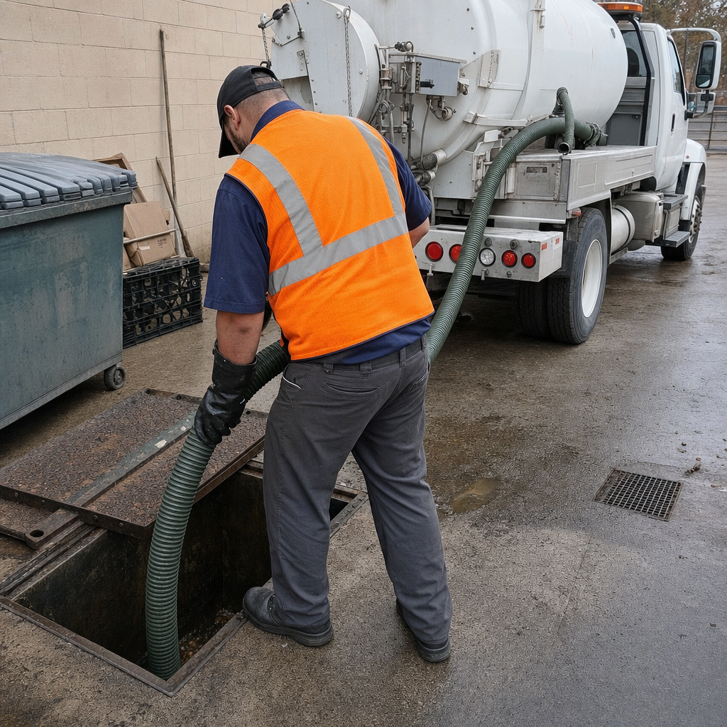 Technician pumping a grease trap behind a Skokie restaurant