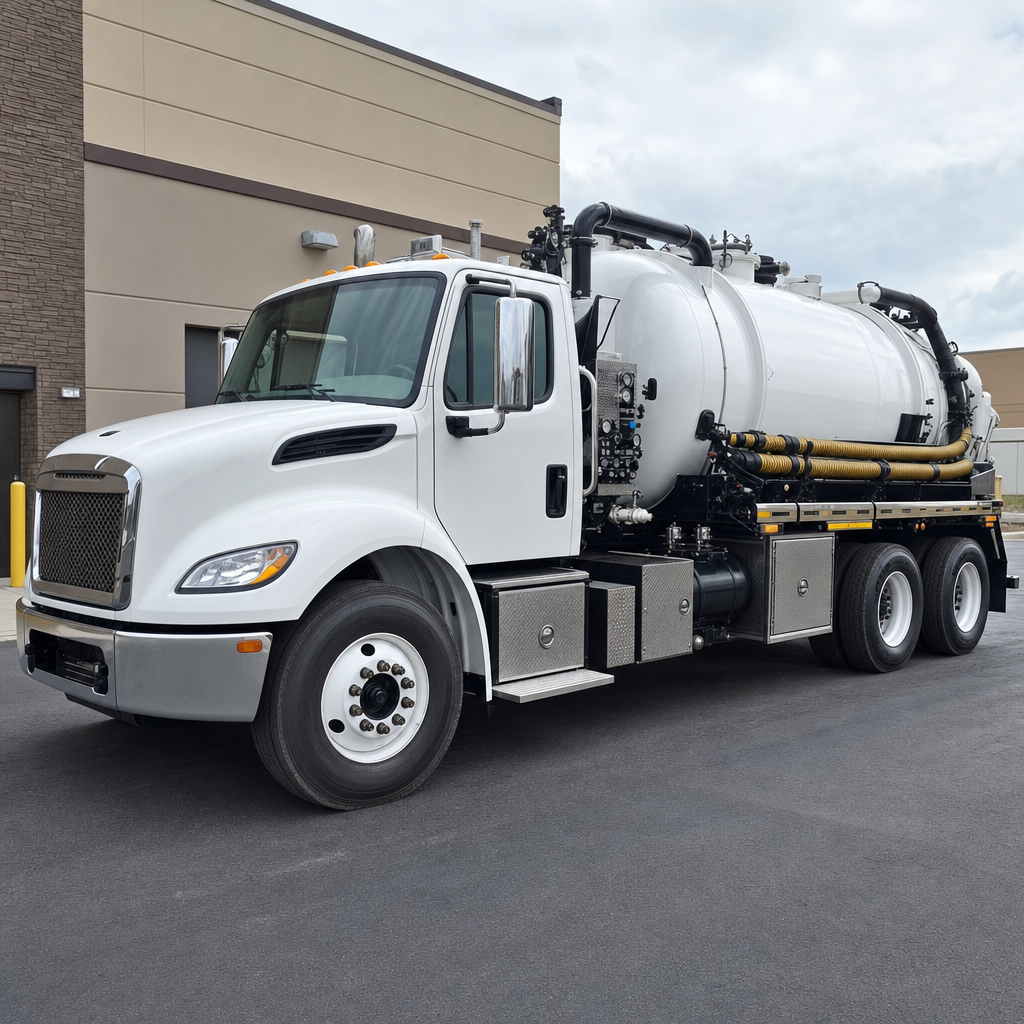 Commercial septic vacuum truck parked in a Skokie business parking lot