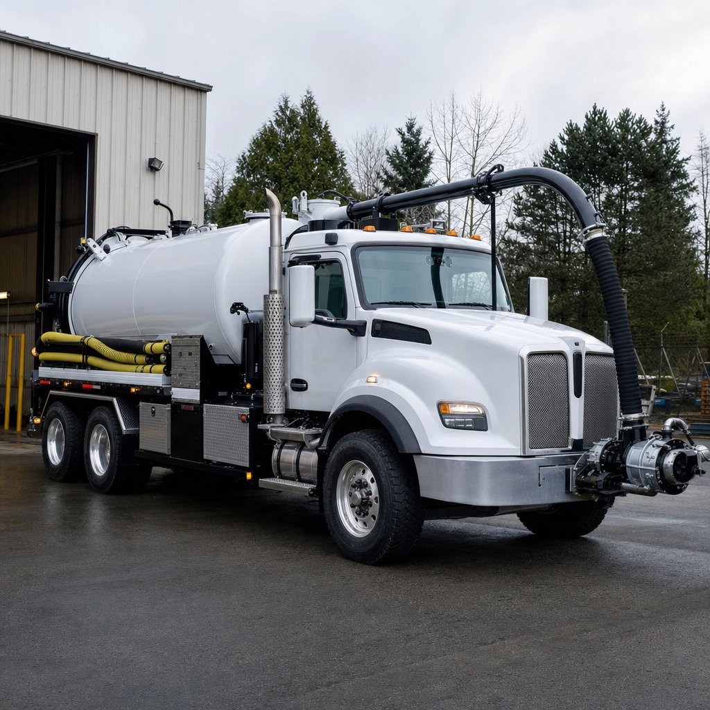A clean white septic vacuum truck rolling out of a tidy Skokie service depot at the start of the day