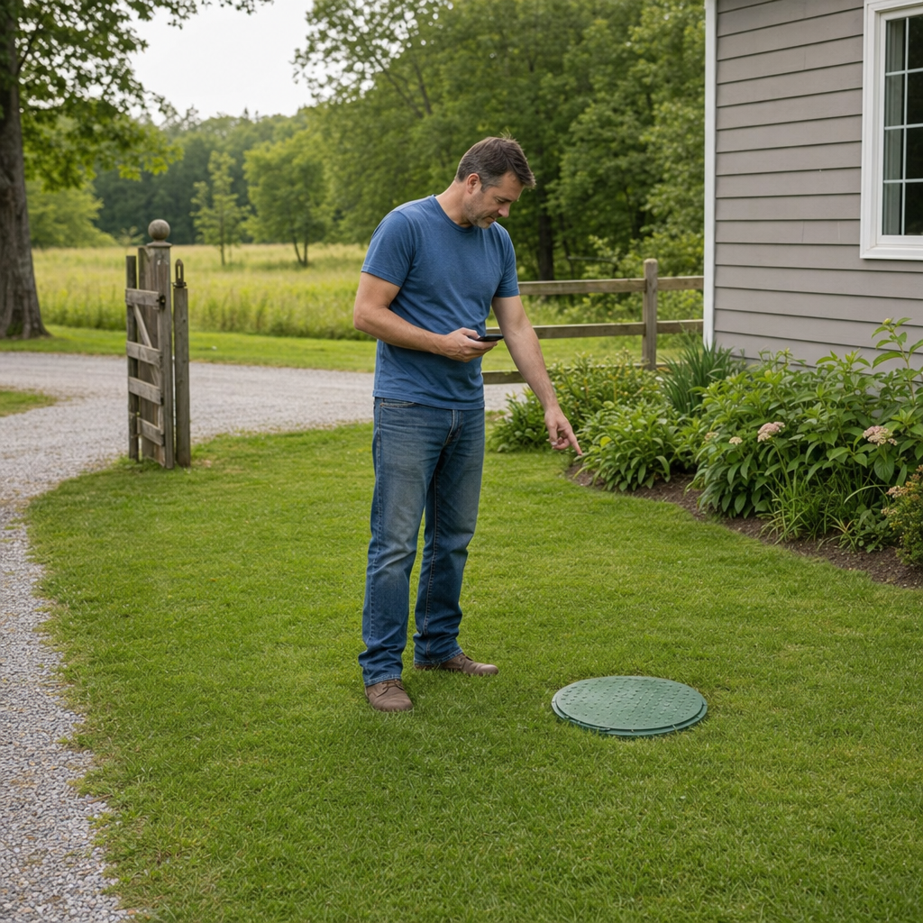 A Skokie-area homeowner standing in the backyard noting where the septic tank lid and access route are located