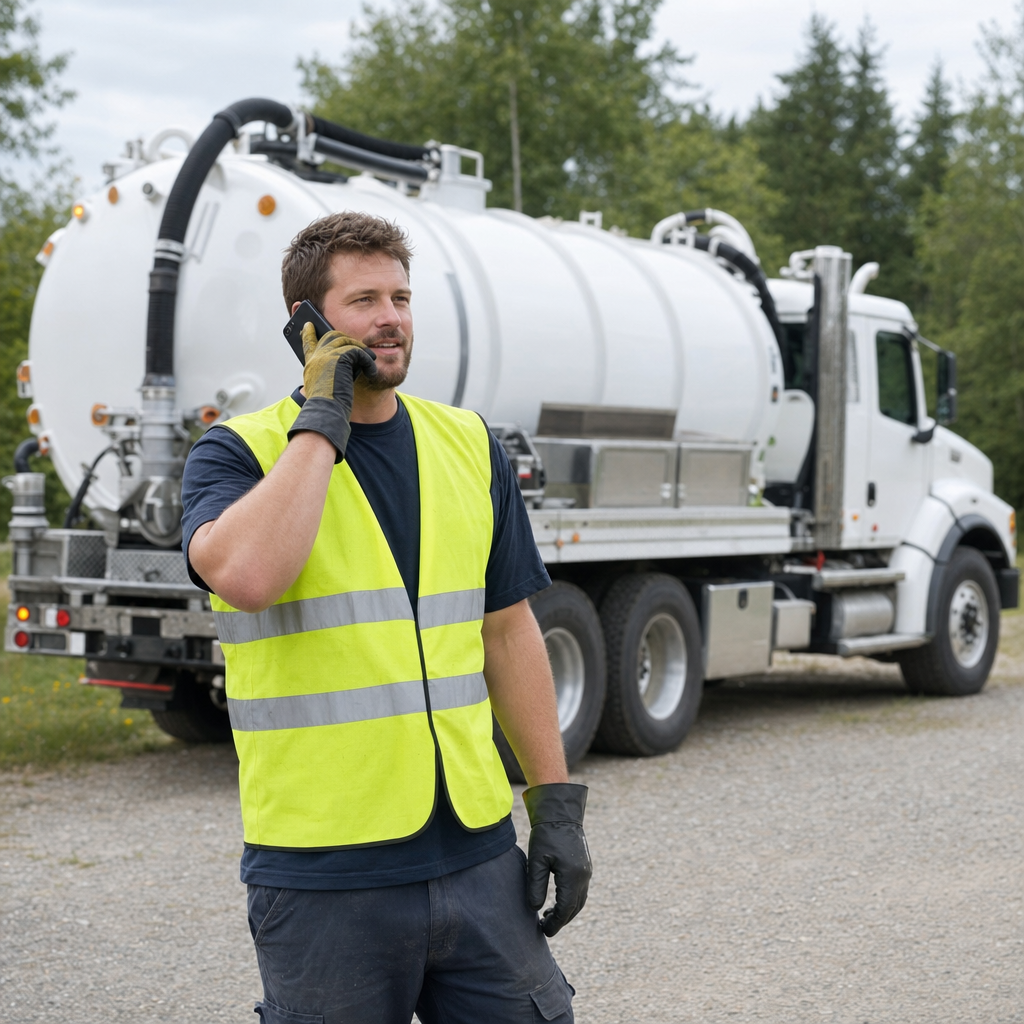 A friendly septic dispatcher holding a phone, ready to answer a Skokie homeowner's call about a pump-out