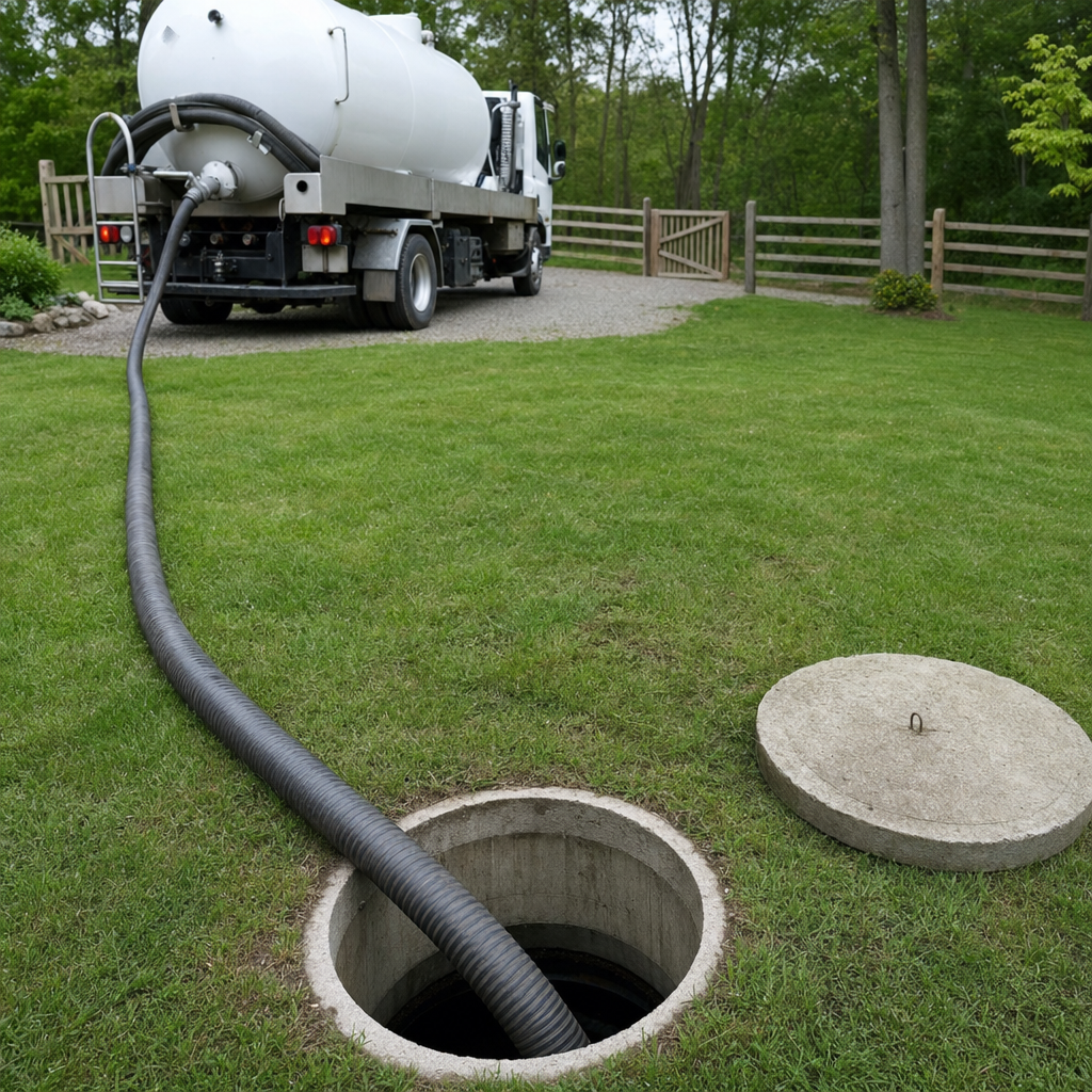 Suction hose connected to an open septic tank, drawing it down in a tidy Skokie yard