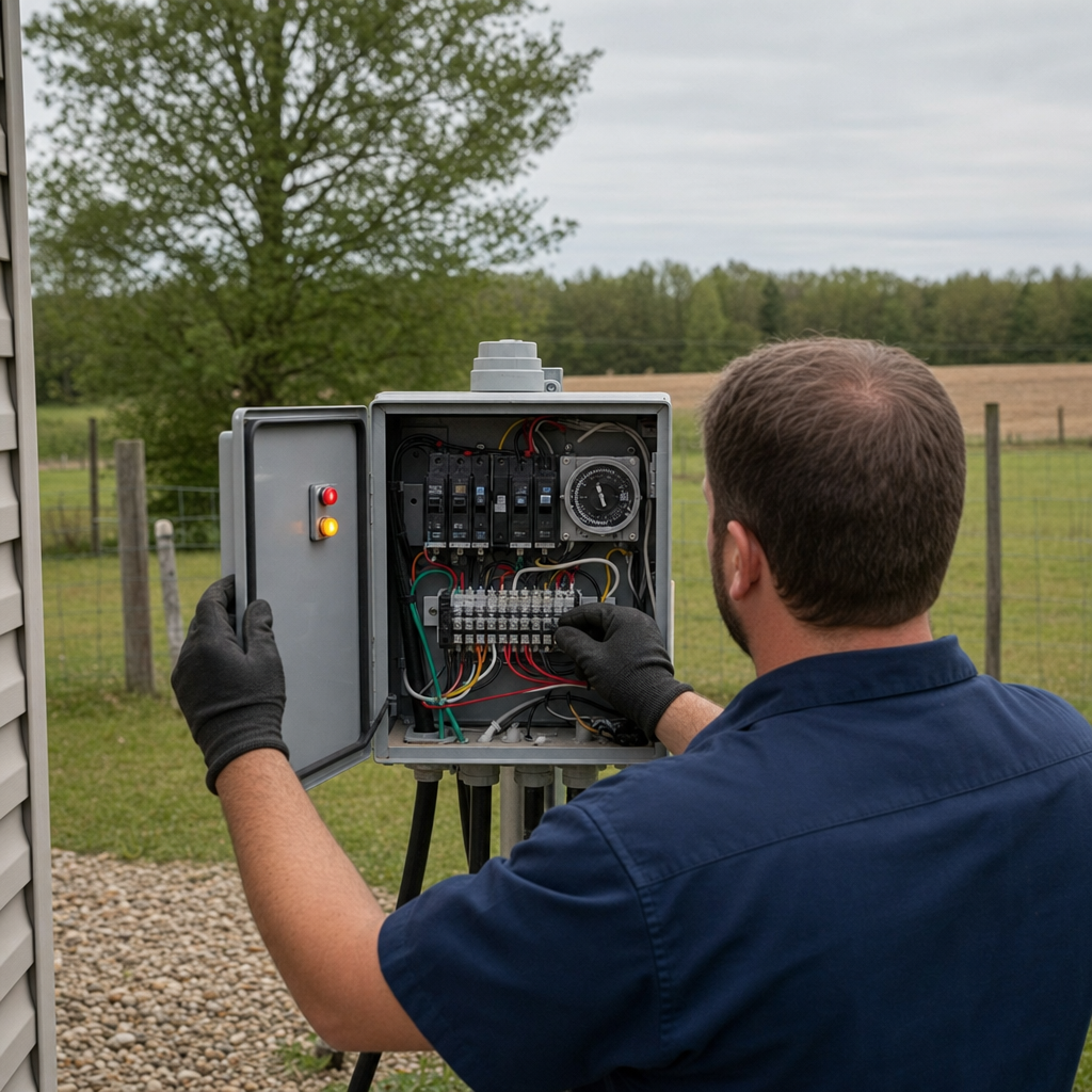 Technician checking an aerobic septic control box with a lit red high-water alarm during a same-day Skokie visit