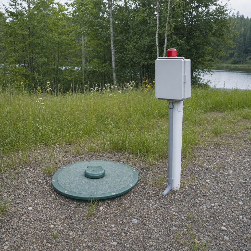 A wastewater holding tank access lid set in the ground at a rural Skokie-area cabin, with a mounted high-level float alarm panel nearby