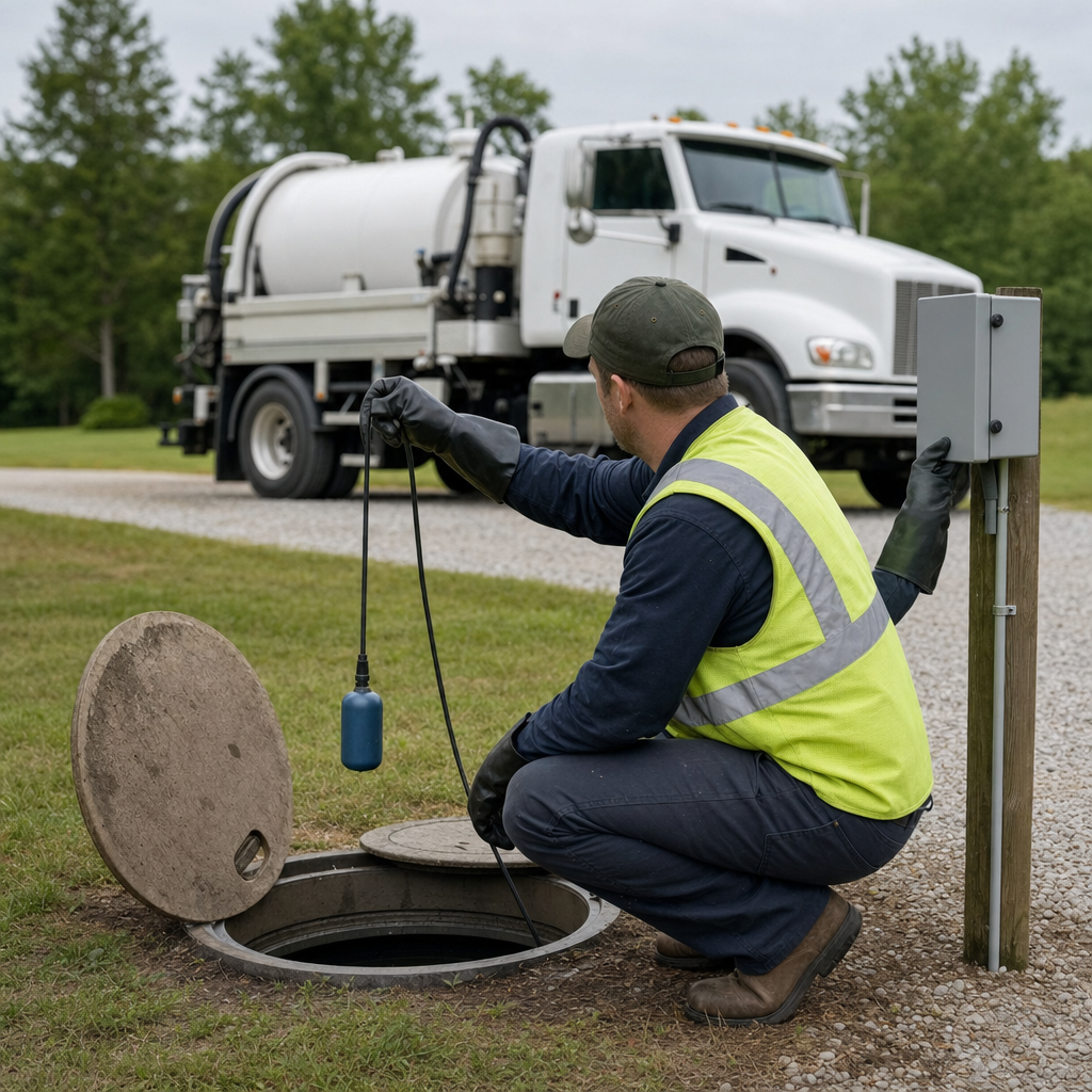 A septic technician in a high-visibility vest checking a high-level float switch and alarm panel on a holding tank at a rural Skokie-area site
