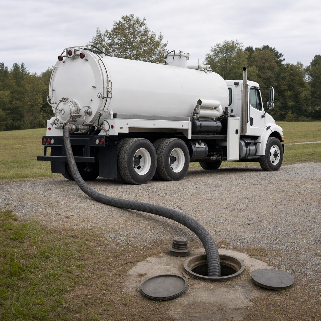 An unmarked white vacuum truck emptying a wastewater holding tank on a scheduled visit at a rural Skokie-area property, thick suction hose running to the tank lid