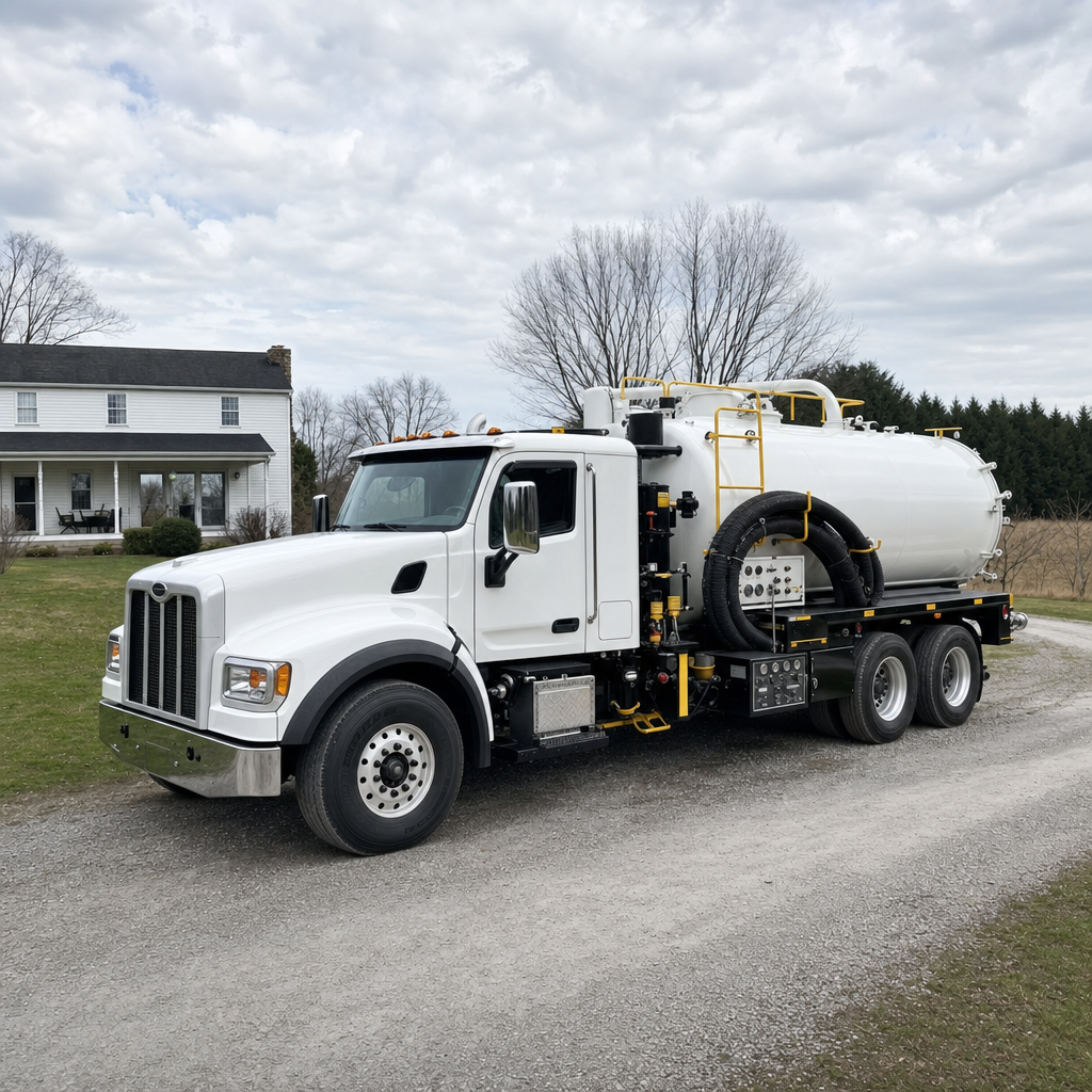 A clean white septic vacuum truck parked on a tidy Skokie driveway with the suction hose neatly coiled