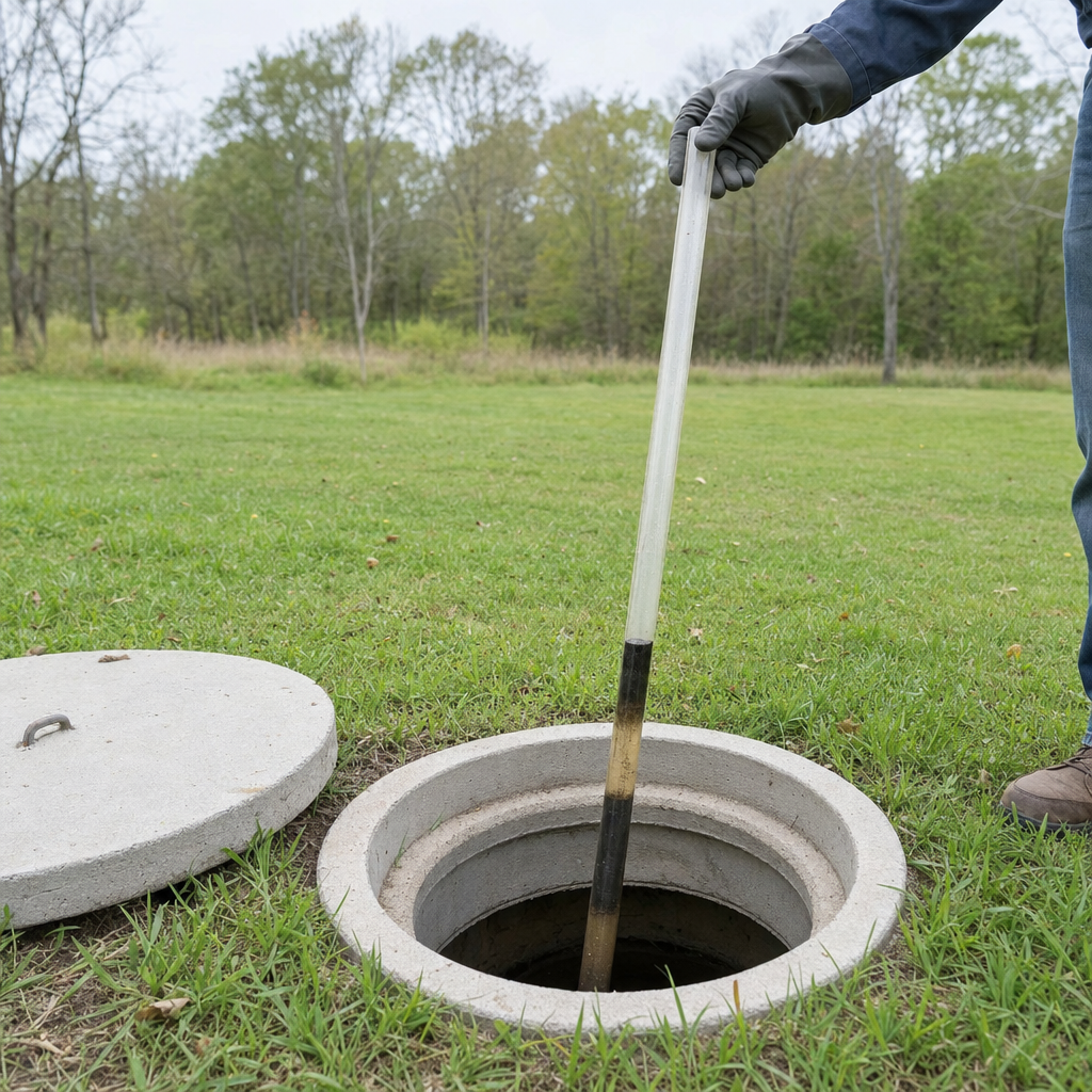 A septic sludge-judge measuring stick lowered into an open Skokie septic tank to read the depth of the sludge and scum layers before deciding whether a pump-out is due