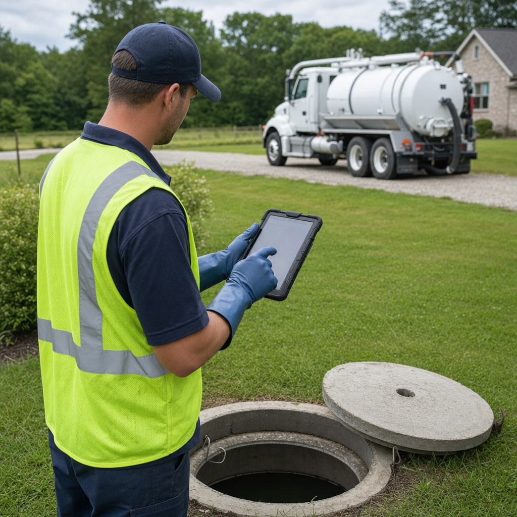 A septic technician recording a Skokie home's pump-out date and tank condition on a tablet beside an open access lid, tracking the service history that sets the next due date