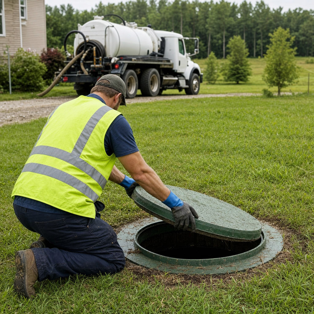 Septic technician kneeling on a Skokie lawn, lifting the access lid on a residential septic tank