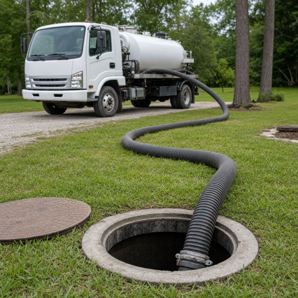 Thick ribbed suction hose lowered into a clean open septic tank port on a tidy Skokie backyard lawn