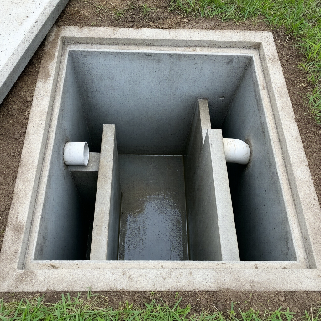 Inspection of the concrete baffles inside an open, emptied and freshly cleaned Skokie septic tank