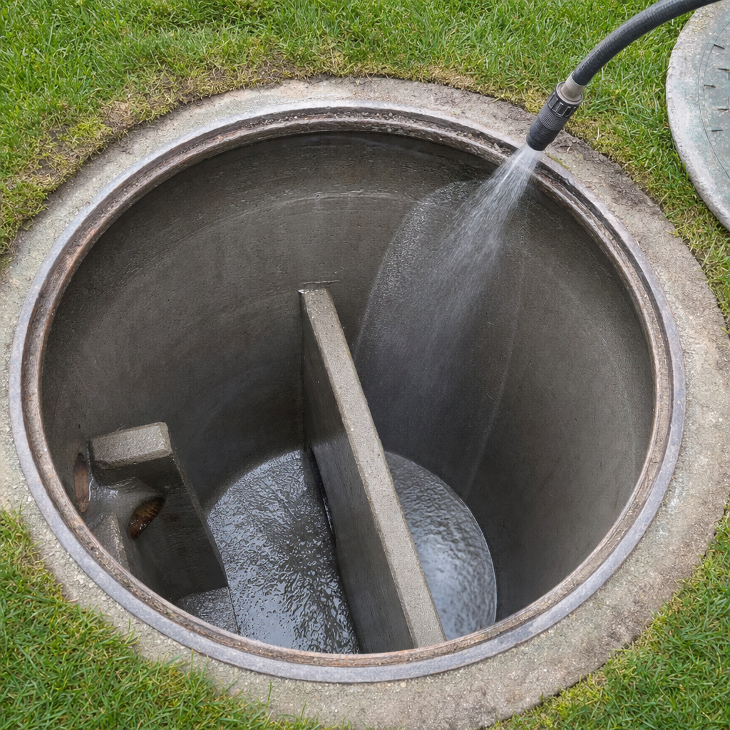 Interior concrete walls of an emptied Skokie septic tank being rinsed clean with the truck's onboard water hose