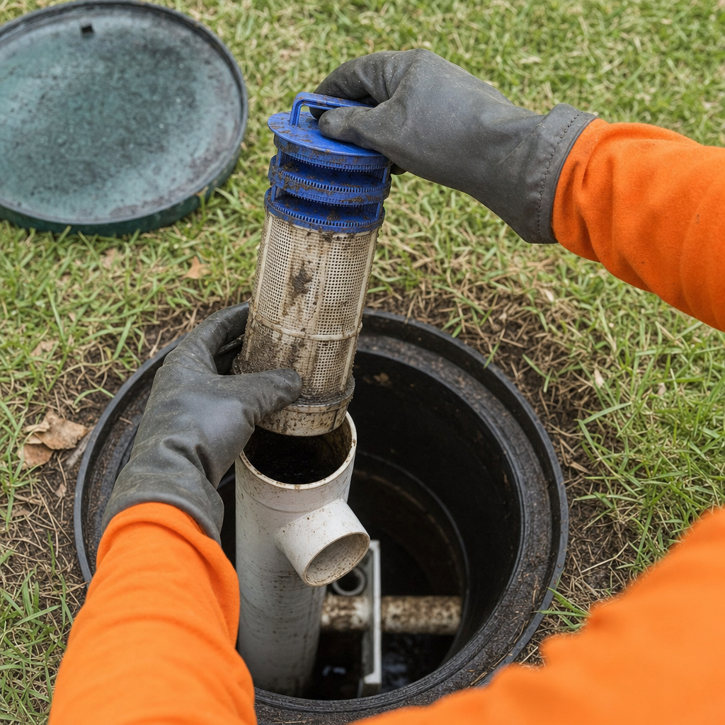 Septic technician's gloved hands lifting the effluent filter cartridge out of the outlet housing on a Skokie septic tank