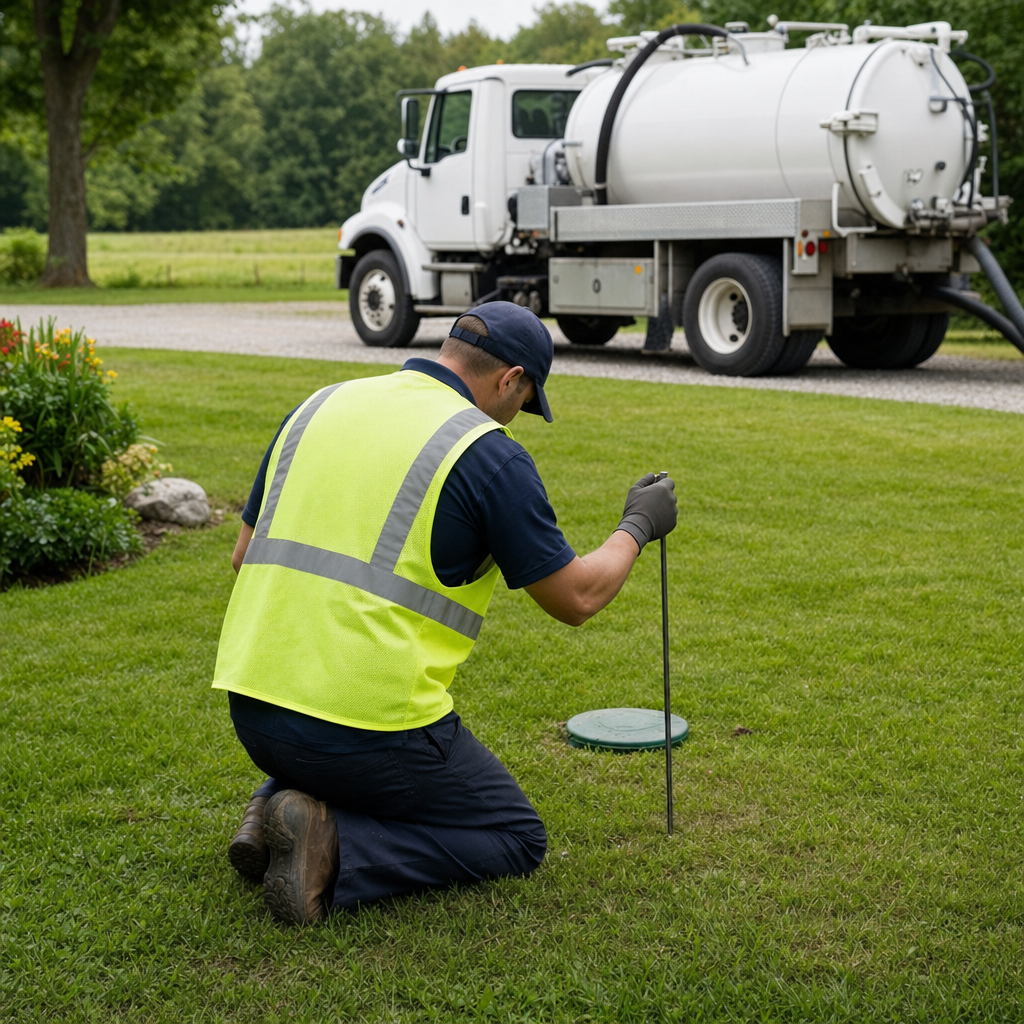 Septic technician kneeling on a Skokie lawn, probing to locate and measure the depth of a buried septic tank lid before pumping