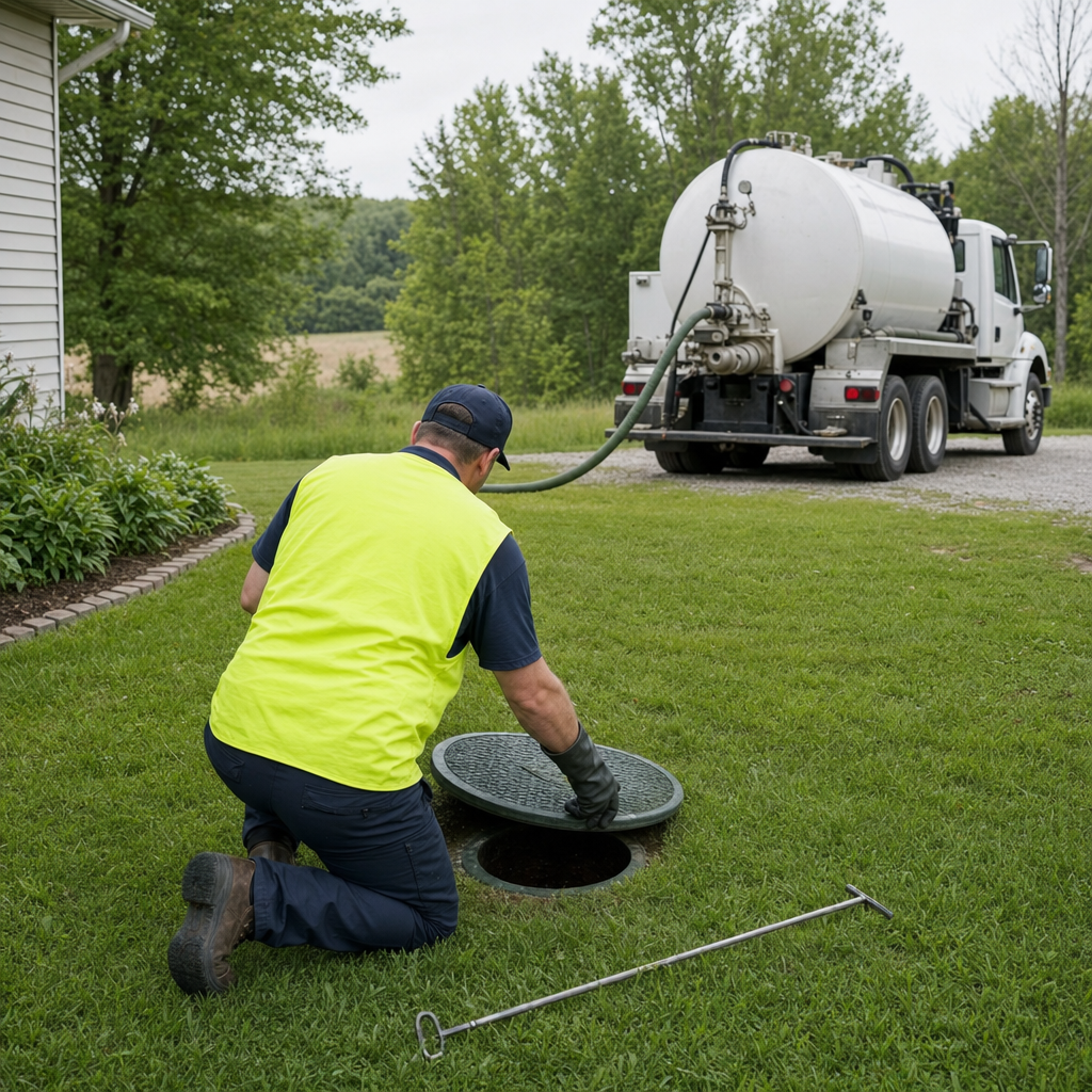 Septic technician kneeling on a Skokie lawn, lifting the buried access lid on a residential septic tank