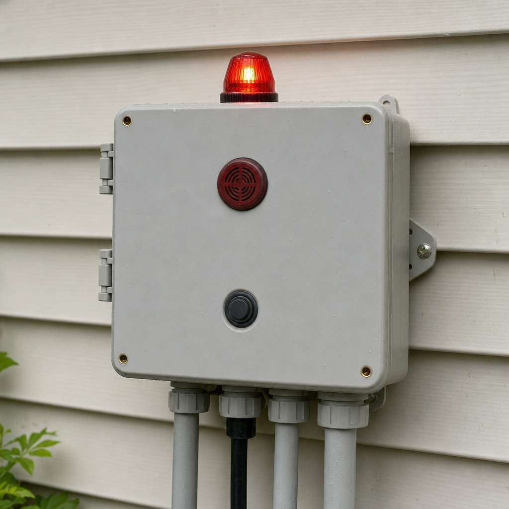 An aerobic septic system control panel mounted outside a Skokie home with its red high-water alarm light lit
