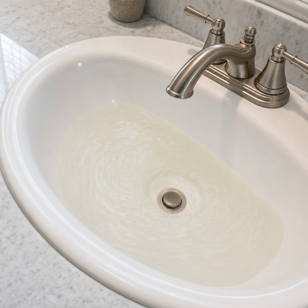 A bathroom sink draining slowly with water pooled in the basin, an early warning sign that a Skokie septic tank is full